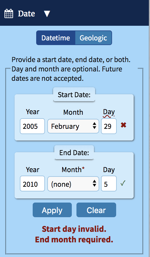 Error indicators and message displayed on invalid start and end dates