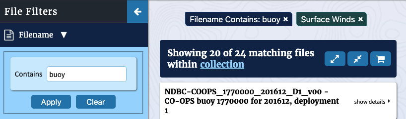 The Filename Filter expanded with the associated filter tag also visible