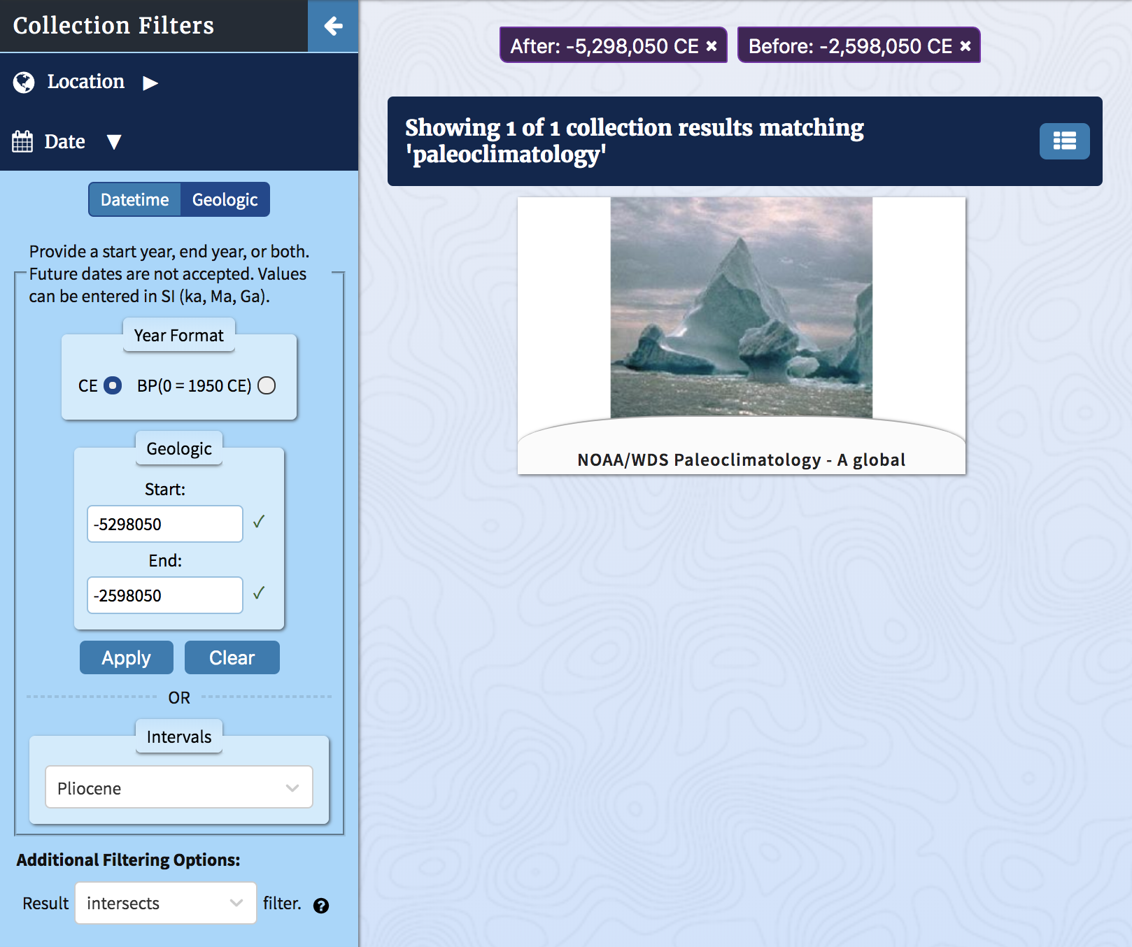 Applying a "Result fully contains the Pliocene" Geologic date filter