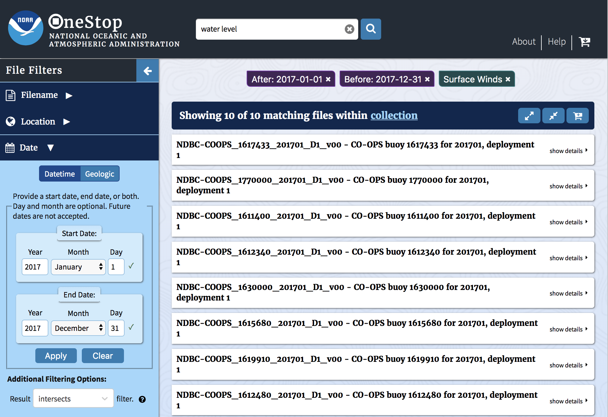 Granule results page showing a "Date" filter being applied