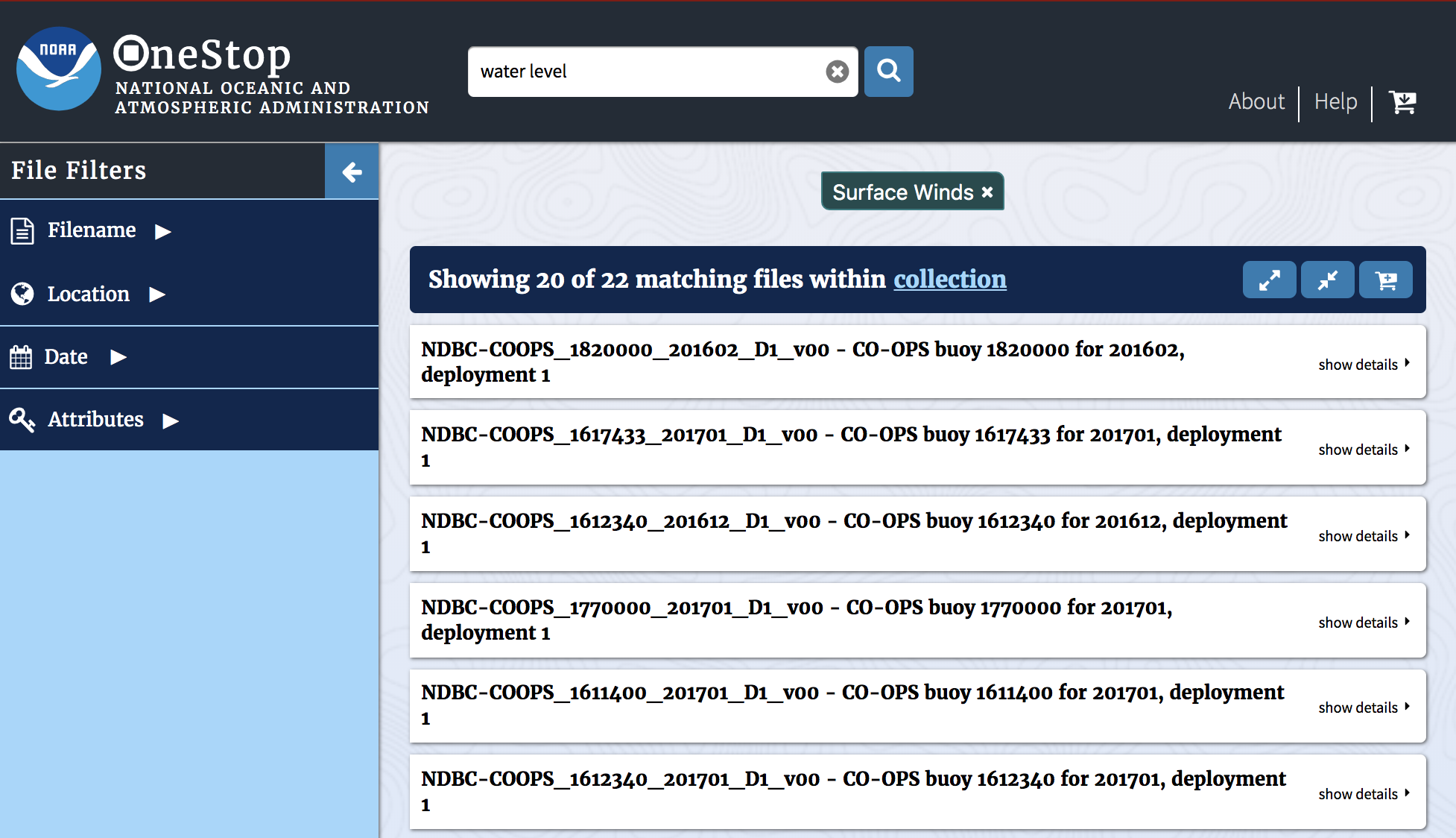 Granule results page showing all searchable files for the collection